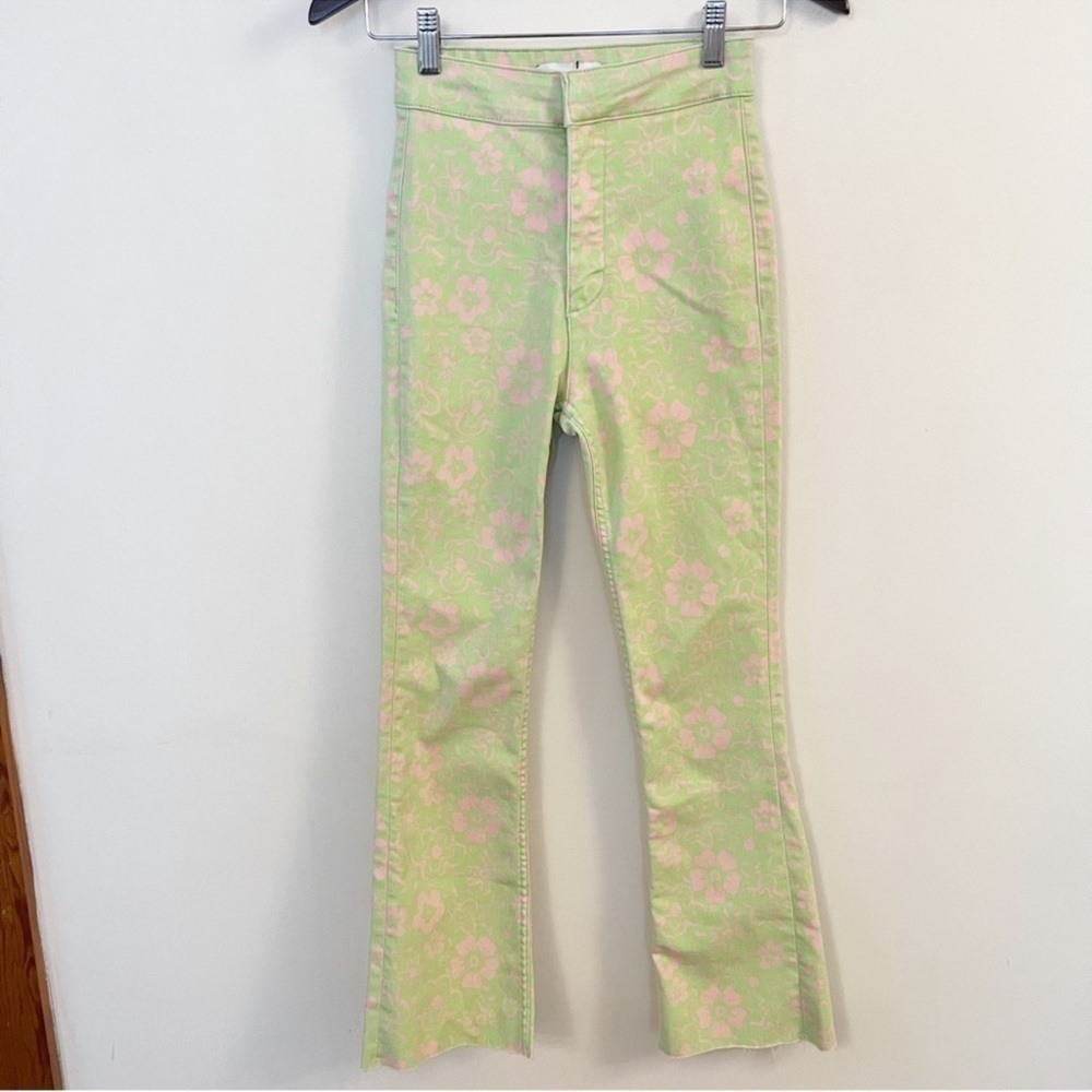 Zara Floral Flare Bootcut Raw Hem Jeans Neon Green/Pink Retro Size 2 NWOT